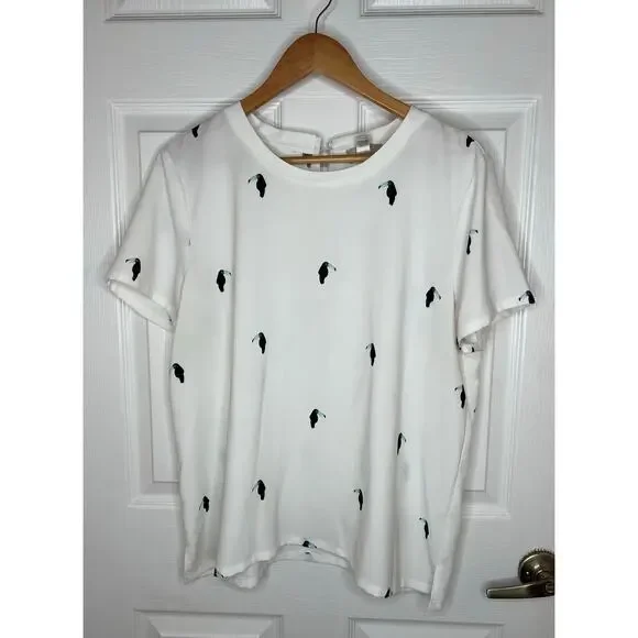 Ann Taylor Loft Outlet Women's White Toucan Print Top Blouse Shirt Size Large - Picture 2 of 7